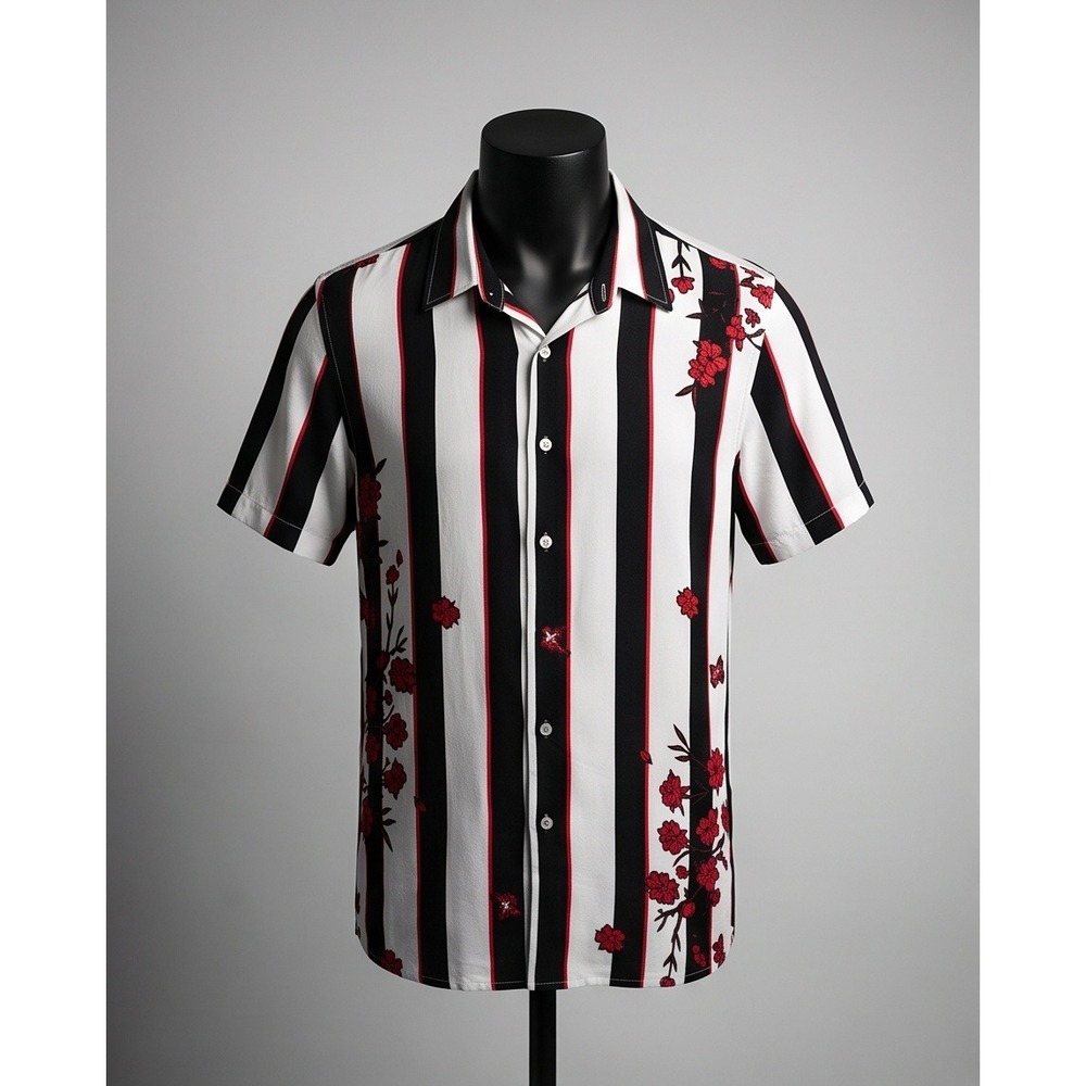 Fashion Nova Men 3XL Cherry Blossom Short Sleeve Woven Top White Black Red NWT
